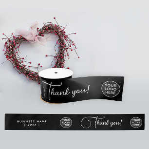 Simple Modern Black White Logo Business Script Satin Ribbon