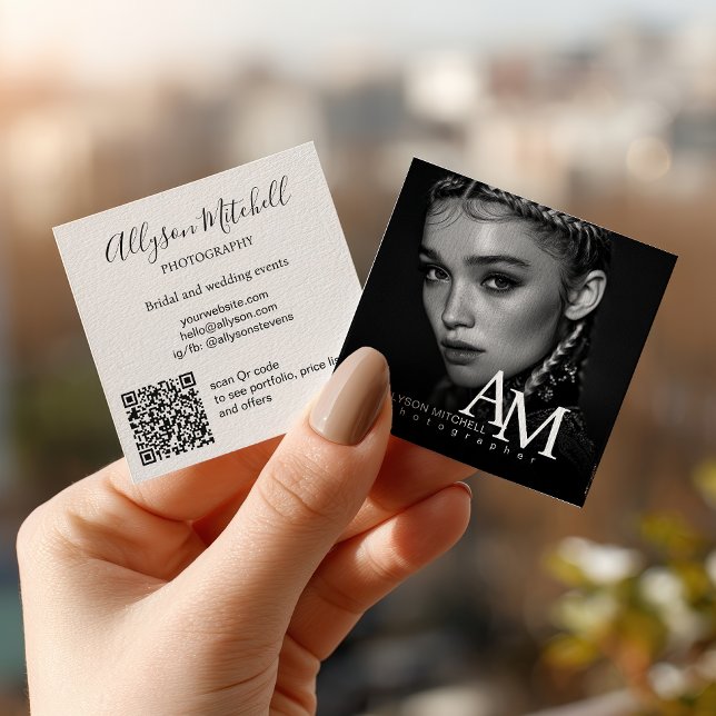 Simple Modern Black White Photo QR Photography Square Business Card (Simple Modern Black White Photo QR Photography Square Business Card)
