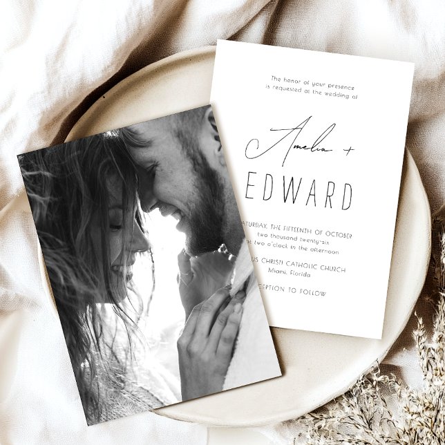 Simple Modern Black White Photo Script Wedding Invitation (Creator Uploaded)