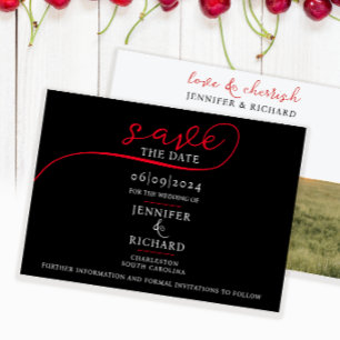 Simple Modern Black White Red Script Photo Wedding Save The Date