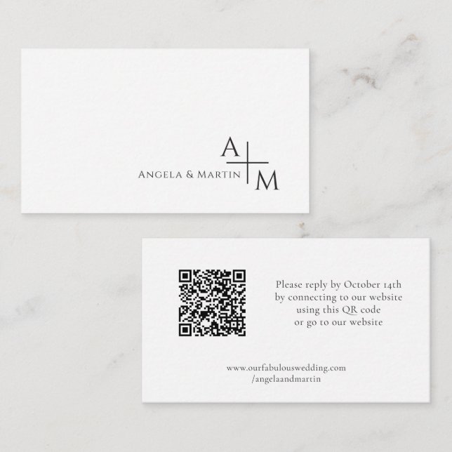 Simple Modern Black White RSVP QR Code Enclosure Card (Front/Back)