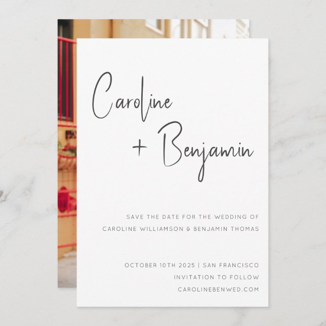 Simple Modern Black White Script Photo Wedding Save The Date (Front/Back)