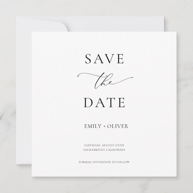 Simple Modern Black & White Square Save the Date (Front)
