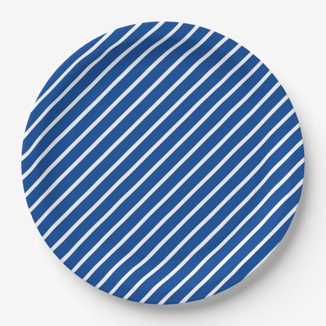 Simple Modern Blue and White Stripe Pattern Paper Plate (Front)