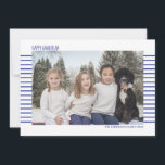 Simple & Modern Blue and White Striped Hanukkah Holiday Card<br><div class="desc">Stylish and cute photo cards are perfect for all your friends and family this holiday season. Customise the text "happy hanukkah" with your own greet and change the family name and the year and swap out the picture for a photo of your kids, pet, or the whole family. The design...</div>