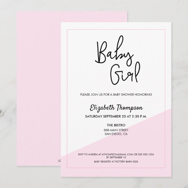 Simple Modern Blue Baby Girl Script Baby Shower Invitation (Front/Back)
