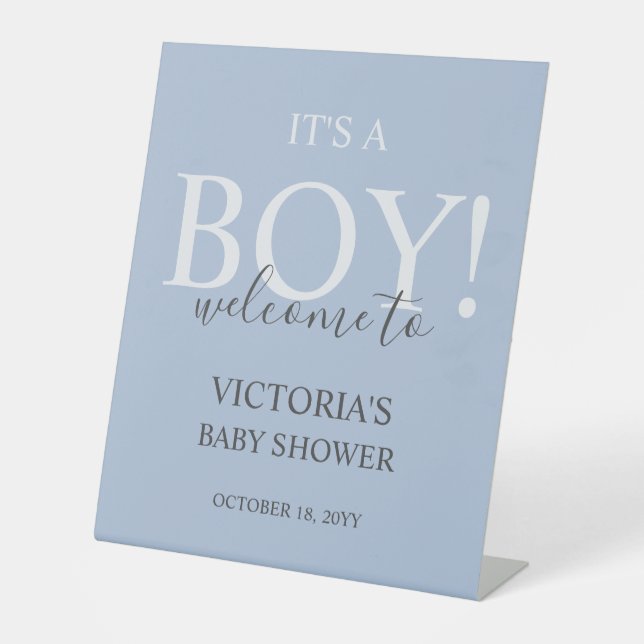 Simple Modern Blue Baby Shower for Boys Welcome Pedestal Sign (Front)