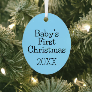 Simple Modern Blue Baby's First Christmas Year Metal Tree Decoration