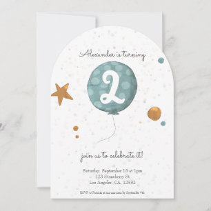 Simple Modern Blue Balloon 2nd Birthday Arch Invitation