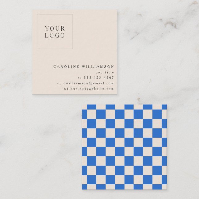 Simple Modern Blue Chequerboard Your Logo Custom Square Business Card (Front/Back)