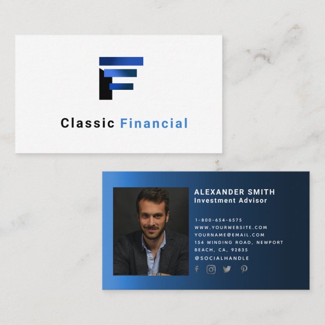 Simple Modern Blue Financial Professional Photo Business Card (Front/Back)