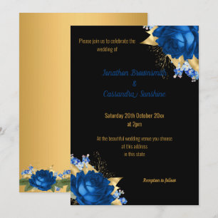 SIMPLE MODERN BLUE FLORAL GOLD BLACK WEDDING INVITATION