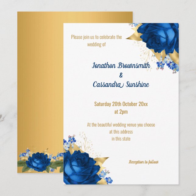 SIMPLE MODERN BLUE FLORAL GOLD WHITE WEDDING INVITATION (Front/Back)