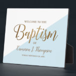 Simple Modern Blue Gold Calligraphy baby Baptism Plaque<br><div class="desc">Welcome your guests to the joyous occasion of your baby's baptism with the Simple Modern Blue Gold Calligraphy Baby Baptism Plaque. This personalised plaque allows you to add your baby's full name, creating a truly special and meaningful keepsake. The design of this plaque exudes elegance and sophistication. The printed gold...</div>
