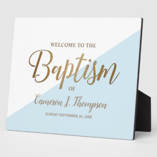 Simple Modern Blue Gold Calligraphy baby Baptism Plaque