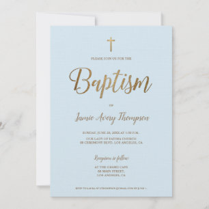 Simple Modern Blue Gold Cross Baptism Invitation