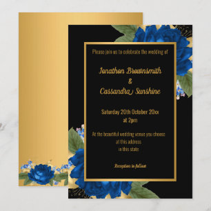 SIMPLE MODERN BLUE GOLD FLORAL WEDDING ALL BLACK INVITATION