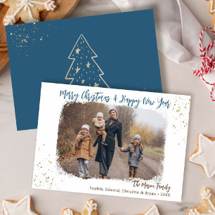 Simple Modern Blue Gold Glitter Christmas Photo Holiday Card
