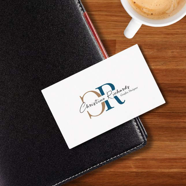 Simple Modern Blue Gold Monogram Business Card (Creator Uploaded)