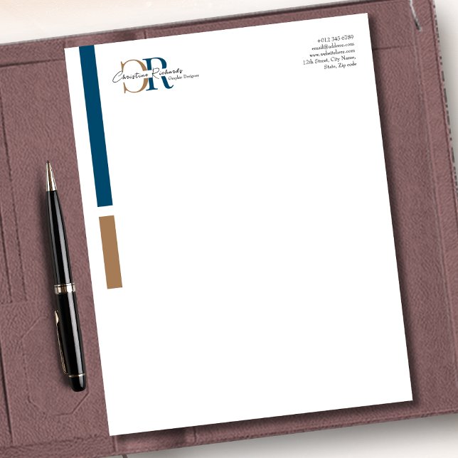 Simple Modern Blue Gold Monogram Custom Letterhead (Creator Uploaded)
