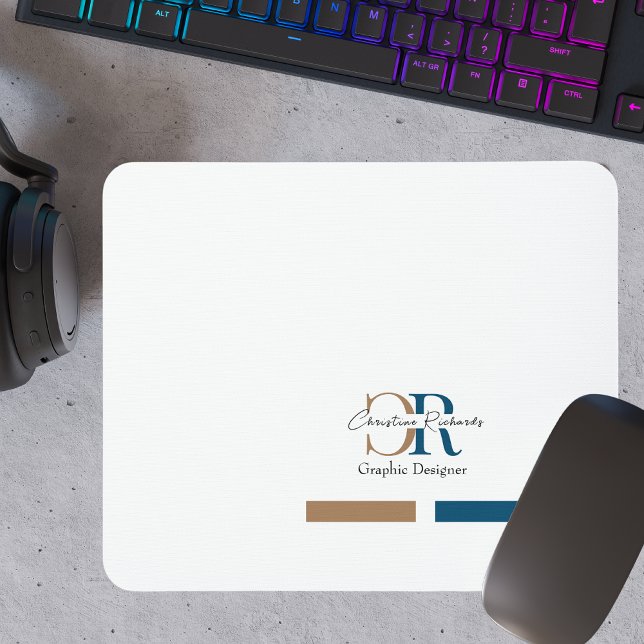 Simple Modern Blue Gold Monogram Mouse Mat (Creator Uploaded)