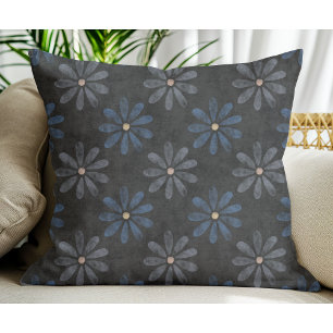 Simple Modern Blue Grey Flower pattern Black Cushion