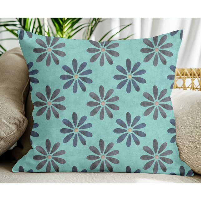 Simple Modern Blue Grey Flower pattern Light Teal Cushion (Creator Uploaded)