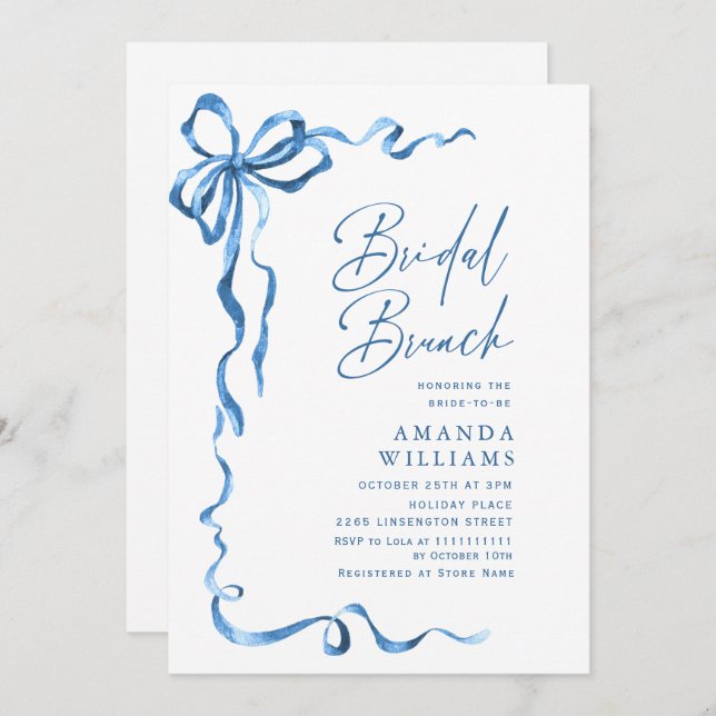 Simple Modern Blue Hand Drawn Bow Bridal Brunch Invitation (Front/Back)