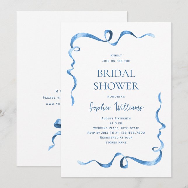 Simple Modern Blue Hand Drawn Bow Bridal Shower Invitation (Front/Back)