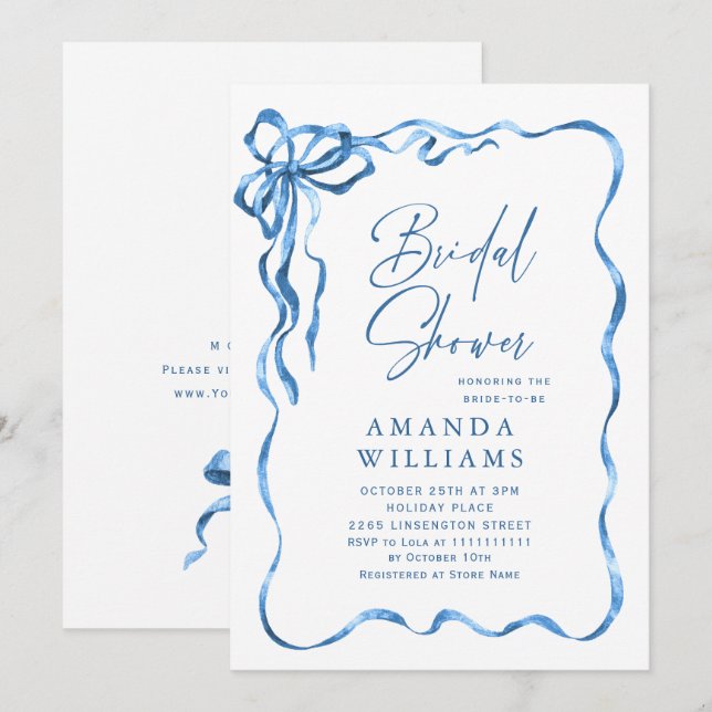 Simple Modern Blue Hand Drawn Bow Bridal Shower Invitation (Front/Back)