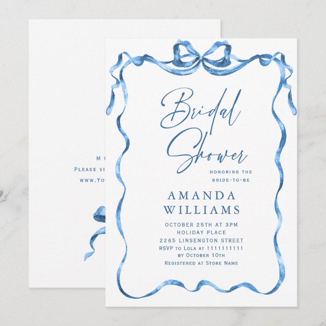 Simple Modern Blue Hand Drawn Bow Bridal Shower Invitation (Front/Back)