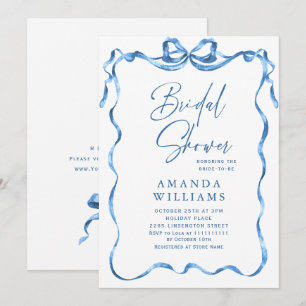 Simple Modern Blue Hand Drawn Bow Bridal Shower Invitation