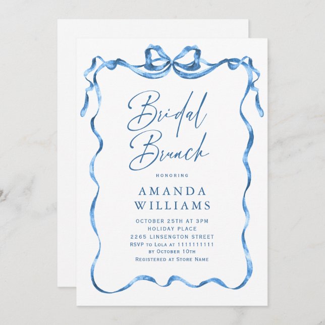 Simple Modern Blue Hand Drawn Bow Bridal Shower Invitation (Front/Back)