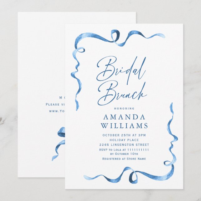 Simple Modern Blue Hand Drawn Bow Bridal Shower Invitation (Front/Back)