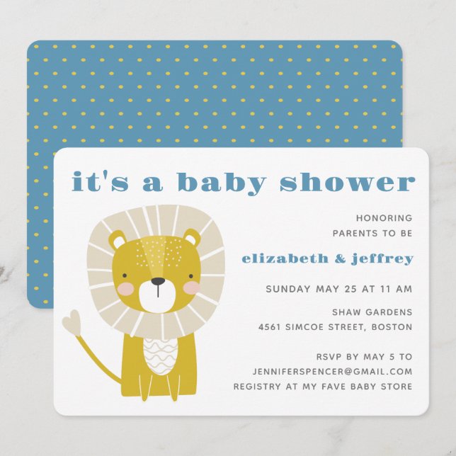 Simple Modern Blue Lion Boy Baby Shower Invitation (Front/Back)