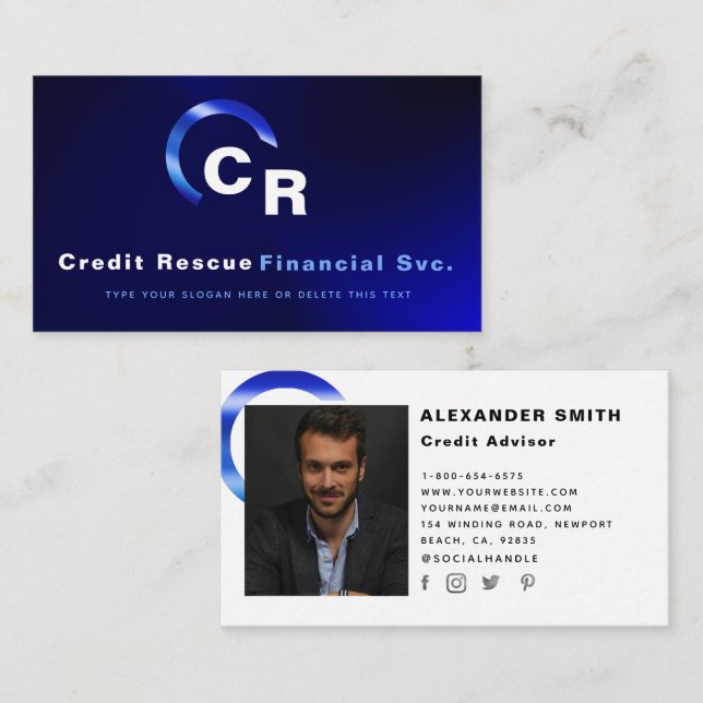 Simple Modern Blue Logo Credit Professional Photo Business Card (Front/Back)