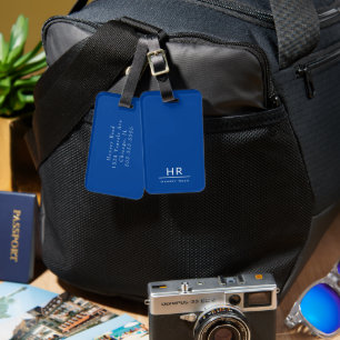 Simple Modern Blue Monogram Name + Contact Info Luggage Tag