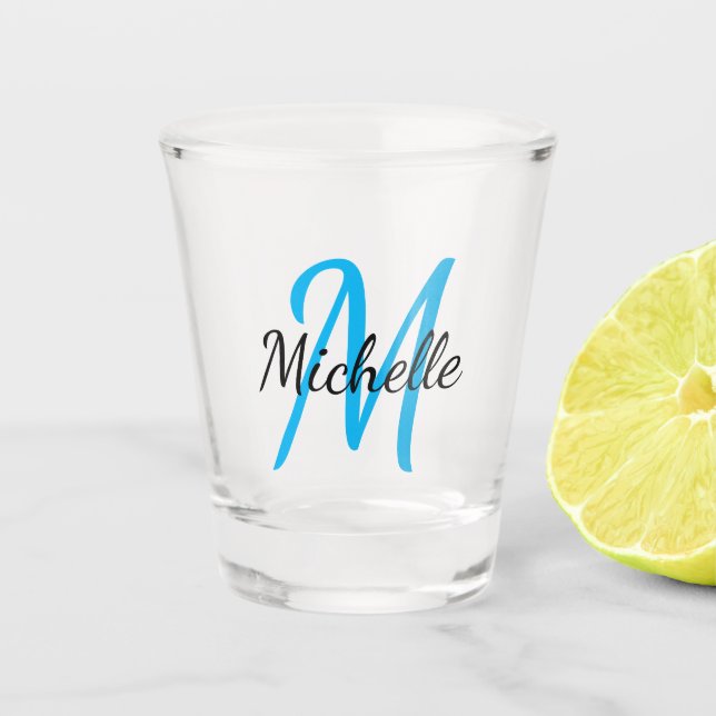 Simple Modern Blue Monogrammed Name + Initial Shot Glass (Front)
