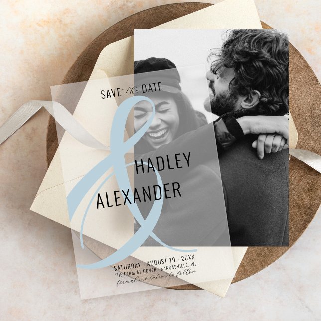 Simple Modern BLUE Overlay Wedding Save the Date Vellum Invitations (Simple elegant script dusty blue script bold & ampersand modern wedding save the date vellum overlay)