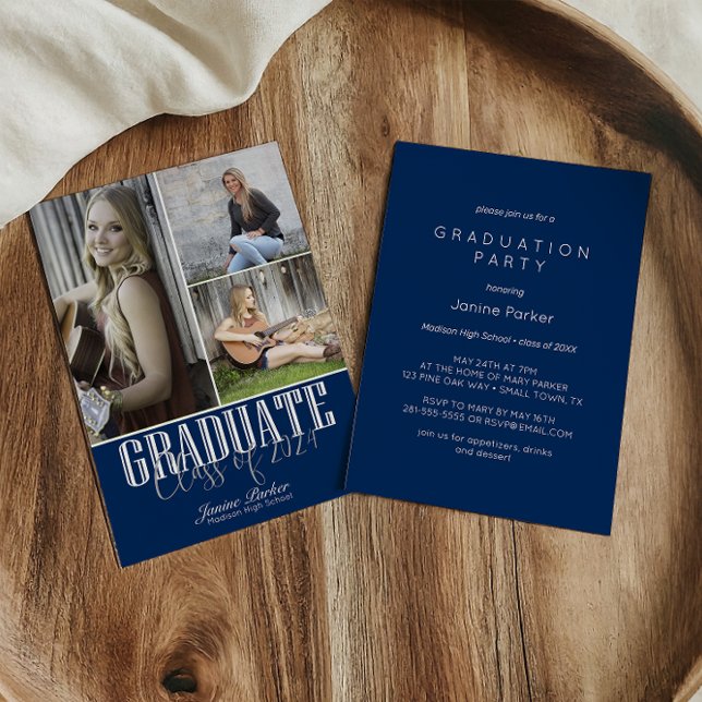 Simple Modern Blue Photo Graduation Party Invitation (Creator Uploaded)