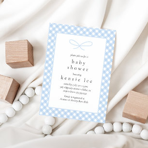 Simple Modern Blue Plaid Bow Baby Shower Invitation
