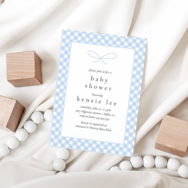 Simple Modern Blue Plaid Bow Baby Shower Invitation (Creator Uploaded)