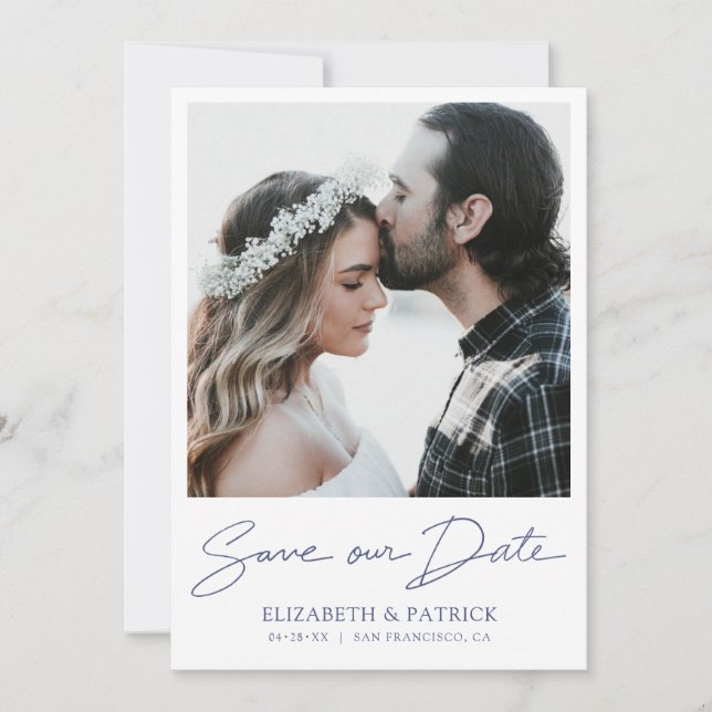 Simple Modern Blue Script Photo Save the Date (Front)
