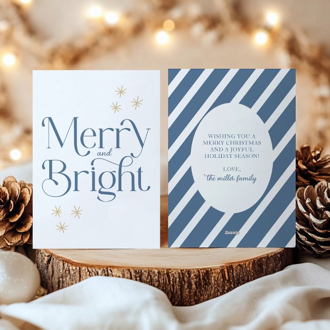 Simple Modern Blue Stripes Merry and Bright Holiday Card (Creator Uploaded)