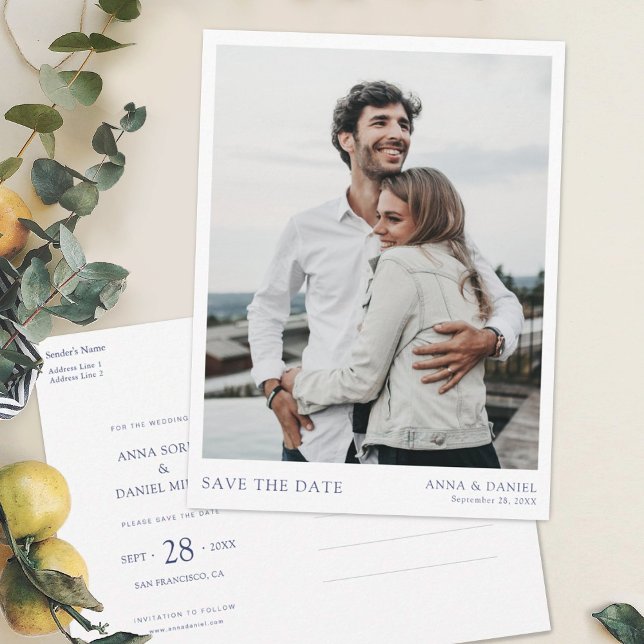 Simple Modern Blue Text Photo Save the Date Announcement Postcard (Creator Uploaded)