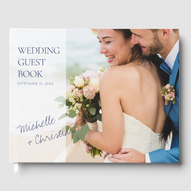 Simple Modern Blue Text Photo Wedding Guest Book (Front)