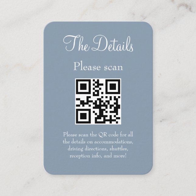 Simple Modern Blue Wedding Details with QR Code Enclosure Card (Front)