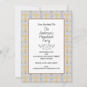 Simple Modern Blue yellow Menorah Hanukkah Party Invitation