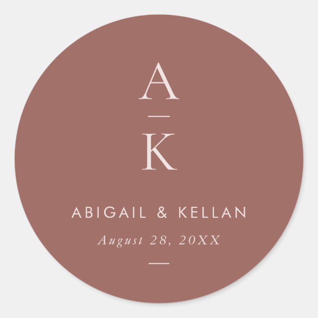 Simple Modern Blush Brown Monogram Wedding Classic Round Sticker (Front)