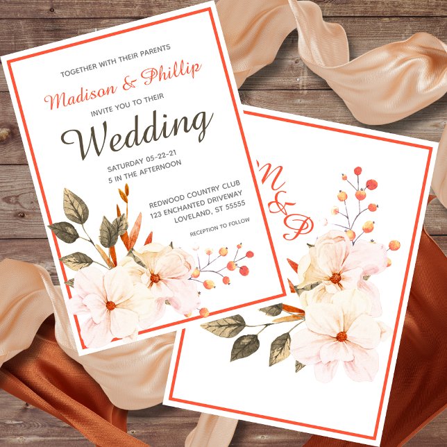 Simple Modern Blush Burnt Orange Floral Wedding Invitation (Creator Uploaded)